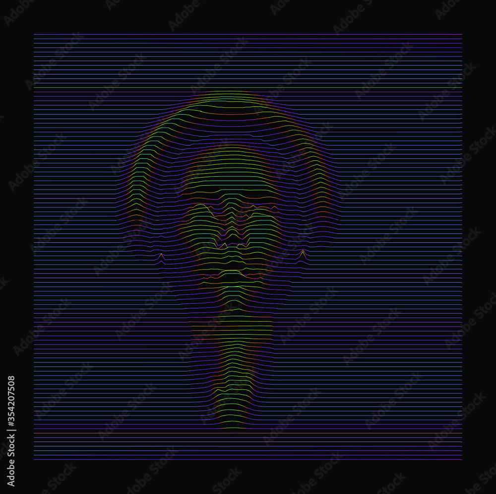 Poster silhouette of 3d holographic head extruded from lines. graph made of cuves in form of human face. fu