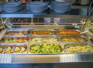 Trays with food in a Russian cuisine canteen