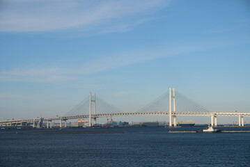 Yokohama Bay Bridge connecting Honmoku Pier and Daikoku Pier. The landmark symbolic of Yokohama city.