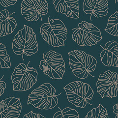 Tropical Monstera Leaves Seamless Pattern. Vector floral background in a trendy minimalistic linear style © Sini4ka