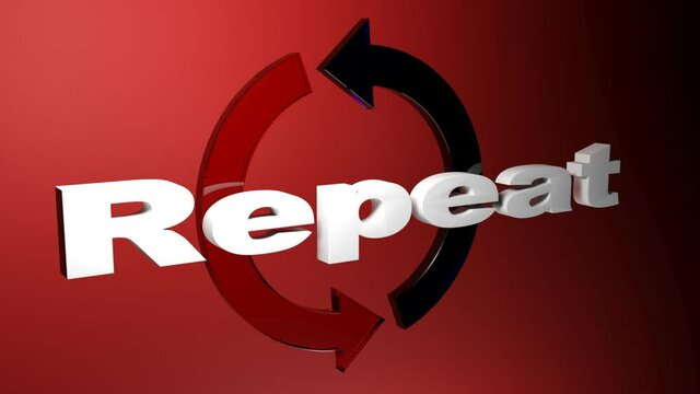 The write REPEAT in front of rotating arrows, on red background - 3D rendering video clip