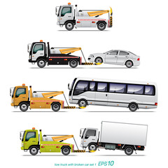 VECTOR EPS10 - set of tow truck and broken car, isolated on white background.