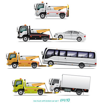 VECTOR EPS10 - set of tow truck and broken car, isolated on white background.
