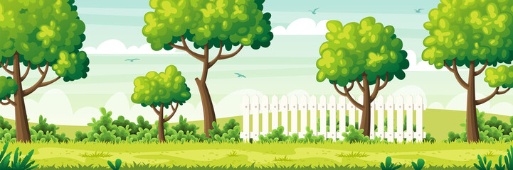 Summer garden landscape with fence. Vector illustration with separate layers.