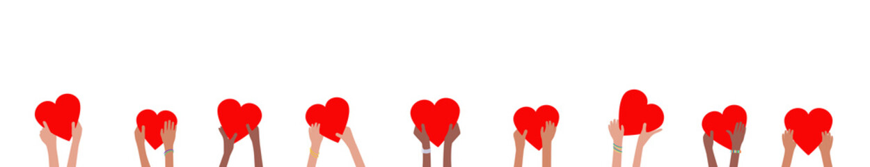 Donation banner with children hands holding and giving red hearts