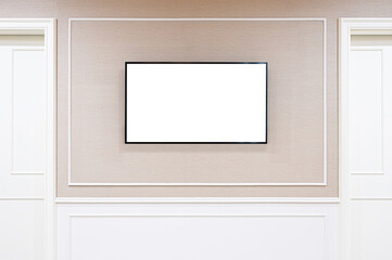 Smart TV Mockup with blank screen hanging on wall background. Clipping path included