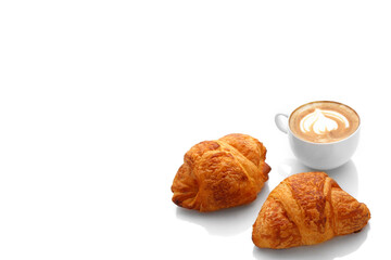croissants with a cup of coffee on a white background