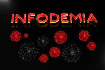 Infodemia lettering concept about pandemia and false information with coronavirus covid-19. 3d illustration isolated on black background with cells
