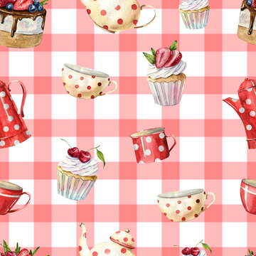 Beautiful watercolor seamless pattern with teapots, cups, cakes, cupcakes, tablecloth flowers, labels.  invitation cards, kitchen decor, greeting cards, posters, scrapbooking, print, wallpaper