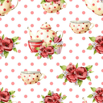 Beautiful watercolor seamless pattern with teapots, cups, cakes, cupcakes, tablecloth flowers, labels.  invitation cards, kitchen decor, greeting cards, posters, scrapbooking, print, wallpaper