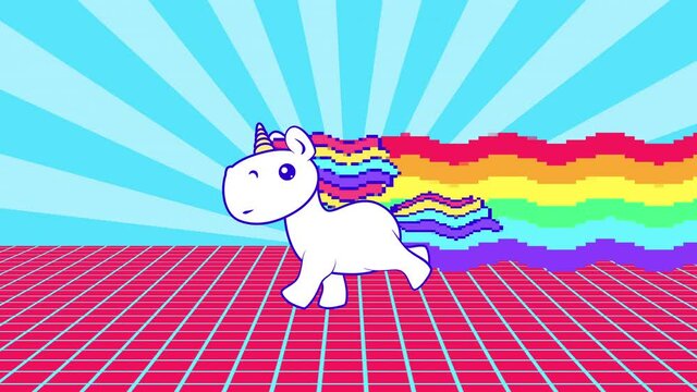 Funny rainbow unicorn running loop. Bright and colorful pony gallop. Pop-art virus video.