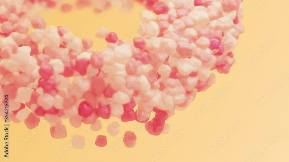 Poster sweet candy-like abstract pices swirle. loop rotating sugar chips b-roll.