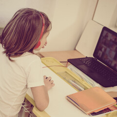 Young smart schoolboy having video conference with teacher, online education concept