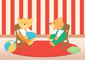 Teddy bears playing with pillow