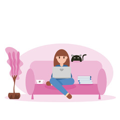 girl with laptop sitting on pink sofa