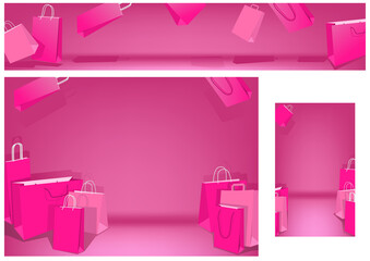 Pink shopping bags Set on White Background - Banner and Background and Business Card Illustration in Pink Colors, Vector Graphic
