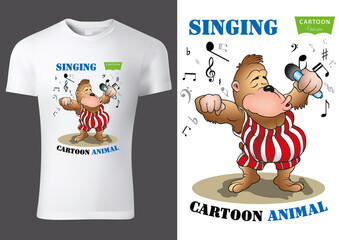 White Child T-shirt Design with Cartoon Singing Monkey Character - Cheerful Unisex Illustration, Vector