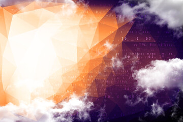 Cloud network in abstract technology background. Cloud networking concept in low poly abstract background filled with binaries and clouds. Futuristic background
