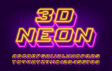 3D Neon alphabet font. Yellow and pink neon light letters and numbers. Stock vector typescript for your design.
