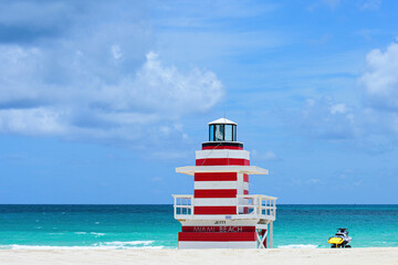 Lifeguard Tower Miami Beach, Florida. Atlantic Ocean background.