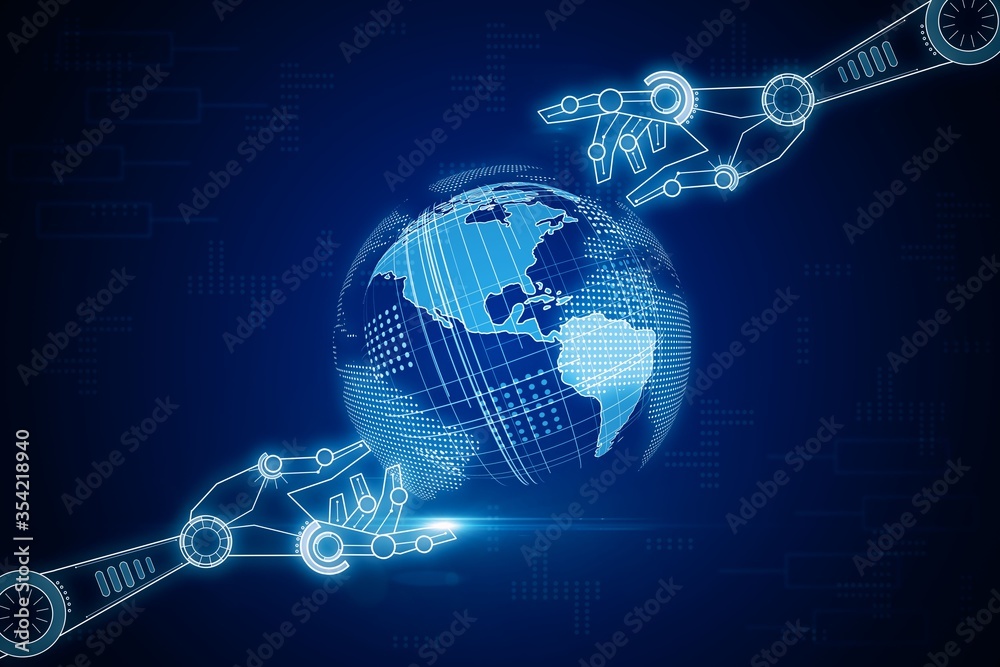 Aufkleber robotics technology with world map hologram. 3d rendering