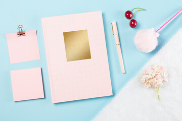 flat lay stationery on work desk in ..pink.. pastel background	

