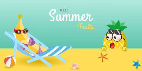 Hello Summer/summer fruits with pineapple boy, banana bikini girl on deck chair and emotion face, sunglasses, starfish, seashell, beach ball design. For greeting card, banner, template, tag sale.