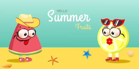 Hello Summer/summer fruits with watermelon boy, lemon girl with emotion face, sunglasses, starfish, seashell design. For greeting card, banner, template, tag sale.
