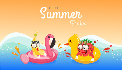 Hello Summer/summer fruits with banana boy, strawberry girl and emotion face with sunglasses on flamingo pool and duck pool in the sea design. For greeting card, banner, template, billboard, tag sale.