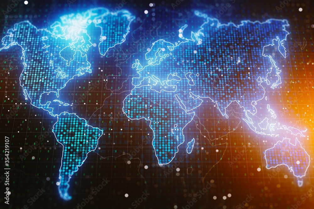 Poster abstract graphic world map on dark background, big data and networking concept. 3d rendering