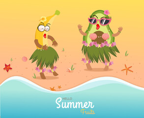 Hello Summer fruits with Hawaiian luau concept. With banana and avocado girl with emotion face, sunglasses, starfish, seashell on the beach. For greeting card, banner, template, billboard, tag sale.
