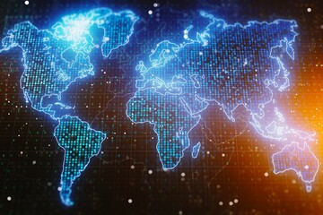 Naklejka premium Abstract graphic world map on dark background, big data and networking concept. 3D Rendering
