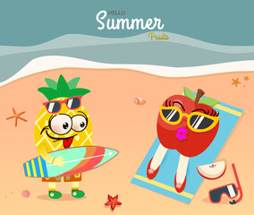 Hello Summer/summer fruits with pineapple boy, apple girl emotion face and surfboard, map, snorkle at the beach design. For greeting card, banner, template, billboard, tag sale.