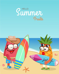 Hello Summer/summer fruits with watermelon boy, pineapple girl emotion face and surfboard at the beach design. For greeting card, banner, template, billboard, tag sale.