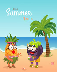 Hello Summer/summer fruits with mangoteen boy, pineapple girl emotion face and palm tree at the beach design. For greeting card, banner, template, billboard, tag sale.