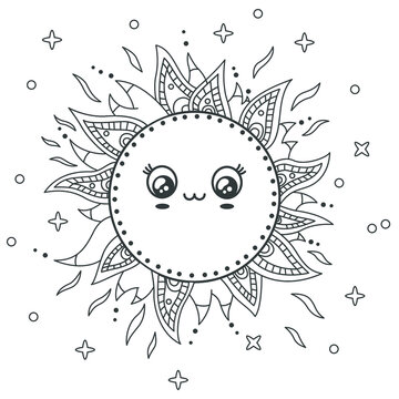Sun Kawaii Ornamental Doodle Mandala Vector Illustration. Outline coloring page. Best for t-shirt, poster, web, card.