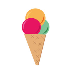 ice cream in a waffle cone. three multi-colored balls. single element in vector flat style, sweet dessert