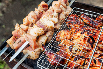 The meat is grilled in a barbecue on the nature. Close-up. Outdoor activities and healthy eating.