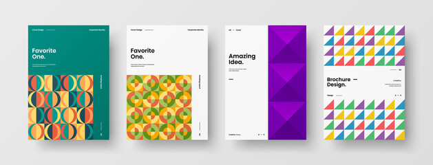 Fototapeta premium Company identity brochure template collection. Business presentation vector A4 vertical orientation front page mock up set. Corporate report cover abstract geometric illustration design layout bundle.