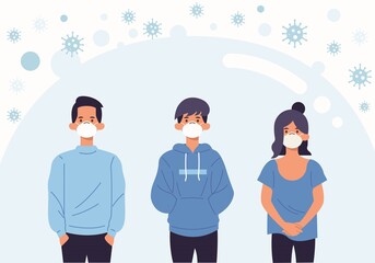 Boys and girl using medical face mask to avoid virus, pollution, dirty air and coronavirus or covid-19, flat style illustration vector