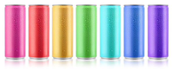 Various color beverage aluminium metal cans with condensate water drops design template. Isolated on white background. Clipping path for each object. - obrazy, fototapety, plakaty