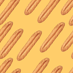 Hand drawn watercolor seamless pattern with bread on yellow background. Colorful illustration. Vintage cute design for wallpaper, fabric, wrapping paper, bakery shop, cafe, restaurant