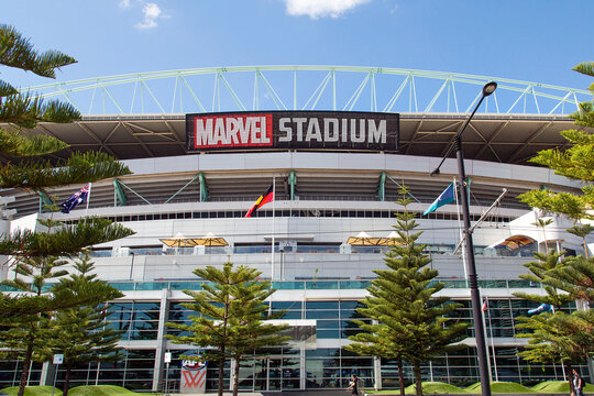 Melbourne, Australia: March 2018: Docklands Stadium also known by its naming rights sponsorship as Marvel Stadium is a multi-purpose sports and entertainment venue in Melbourne's Docklands Precinct.