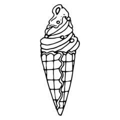 Cute ice cream hand drawn vector doodle illustration.Black outlines Isolated on white background.Cute decorative element for cafe or restaurant menu design, food infographic and printed materials.