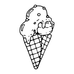 Hand drawn vector cute ice cream dessert. Doodle style. Black outline isolated on white. Design for greeting cards, scrapbooking, textile, wrapping paper, cafe or restaurant menu, food infographic.