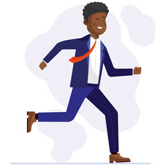 Cheerful African manager running to work. Business man in suit hurrying flat illustration. Office staff concept for banner, website design or landing web page
