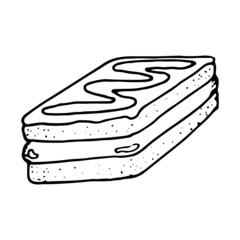 Hand drawn vector cute cake with topping. Doodle style. Black outline isolated on white. Design for greeting cards, scrapbooking, textile, wrapping paper, cafe or restaurant menu, food infographic.