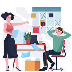 Angry manager blaming scared colleague. Two employees arguing at note board flat illustration. Conflict, planning failure concept for banner, website design or landing web page