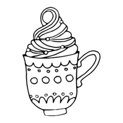 Cute cream dessert in a cup hand drawn vector doodle illustration.Black outlines Isolated on white.Cute decorative element for cafe or restaurant menu design, food infographic and printed materials.
