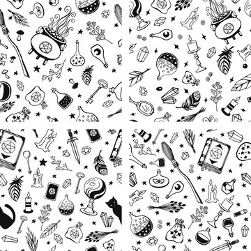 Witchcraft, magic background for witches and wizards. Vector seamless pattern in vintage style. Hand drawn magic tools, concept of witchcraft.